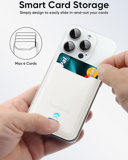 TopMade Phone Card Holder, Premium Leather Phone Wallet Stick on, Stronger 3M Adhesive Credit Card Holder for Back of Phone Case, iPhone, Samsung, and Android, RFID Blocking, Fit 4 Cards, Milky White