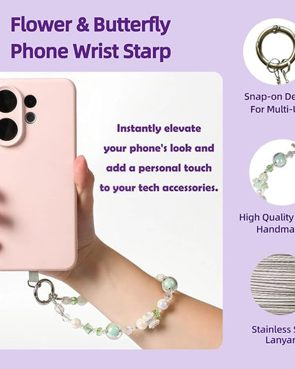 Handmade Flower & Butterfly Phone Wrist Strap Lanyard - Detachable Anti-Drop Strap with 2 Tether Tabs -Women's Gift