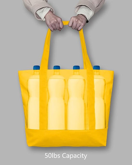 TOPDesign 1-Pack Canvas Tote Bags with an External Pocket, Reusable Grocery Shopping Bags, Top Zipper Closure, Daily Essentials (Yellow)