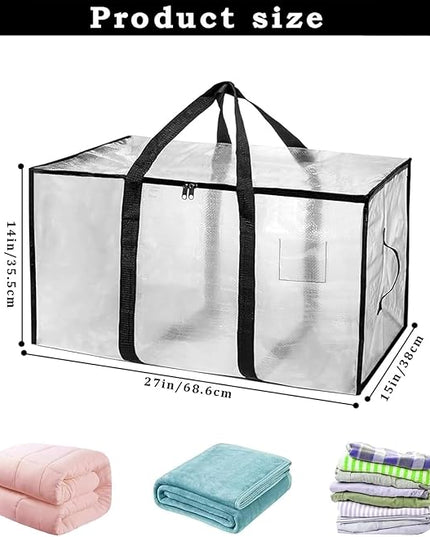 12 Pack-Extra Large Heavy Duty Moving Bags - Waterproof Storage Totes with Handles & Zippers, Foldable for College Dorm, Storage (Clear)