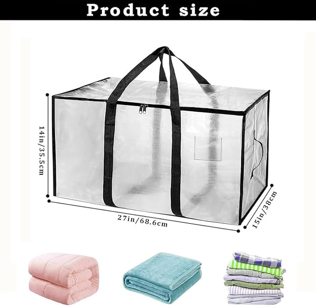 12 Pack-Extra Large Heavy Duty Moving Bags - Waterproof Storage Totes with Handles & Zippers, Foldable for College Dorm, Storage (Clear)