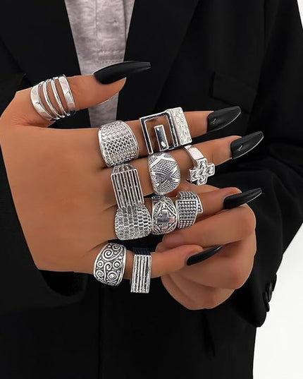 KISS WIFE Cool Rings Set for Women, Vintage Silver Punk Rings Bulk, Gothic Chunky Knuckle Emo Stackable Finger Ring Pack Western Jewelry Gift for Her