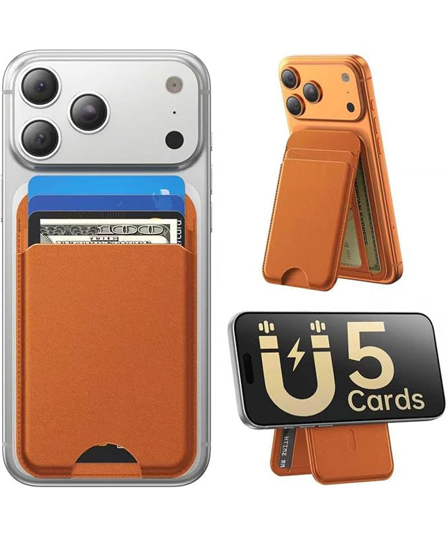 Fanseesy for MagSafe Wallet with Stand, 5 Card Holder, Slim Leather Magnetic Wallet for iPhone 17/16/15/14/13/12 Pro Max Plus Air Series, 3 Card Slots & 1 Cash Slot,Brown