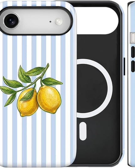 Magnetic for iPhone 17 Air Case Cute Lemon Stripes Phone Case, Shockproof Slim TPU and Hard PC Protective Phone Cover Compatible with MagSafe Designed for Women Girls, Blue