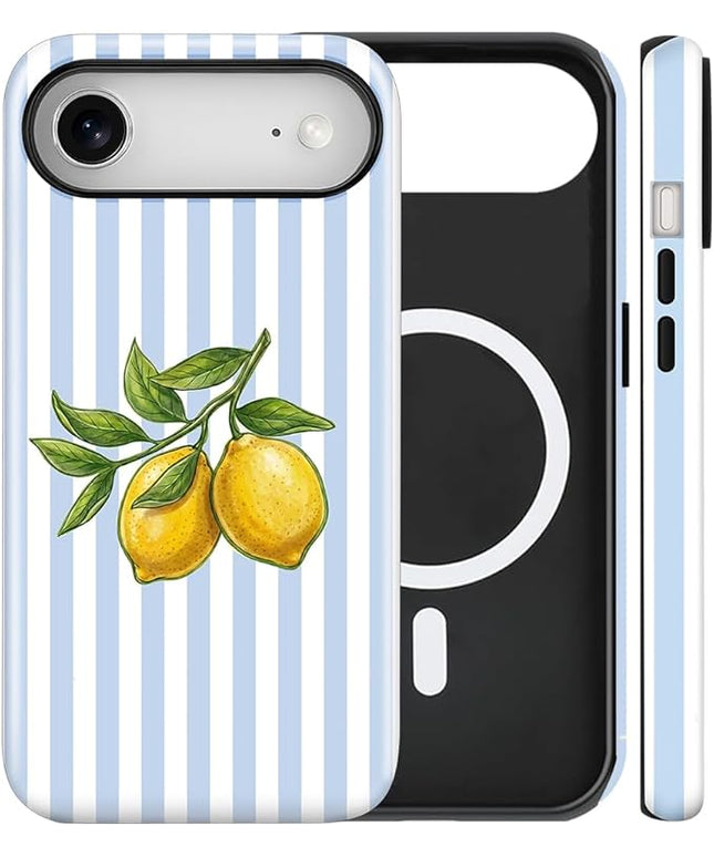 Magnetic for iPhone 17 Air Case Cute Lemon Stripes Phone Case, Shockproof Slim TPU and Hard PC Protective Phone Cover Compatible with MagSafe Designed for Women Girls, Blue