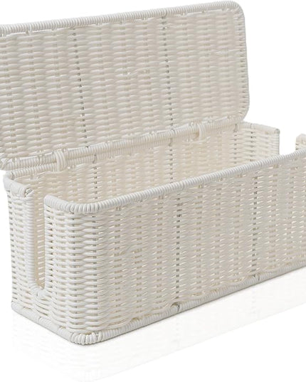 Cable Management Box, Handmade Rattan Cable Organizer with 2 Open Slots, Cord Hider for Power Strip, Router & USB Hub, Registered U.S. Design Patent (D1,112,102), 13" x 5.1" x 5.1", White