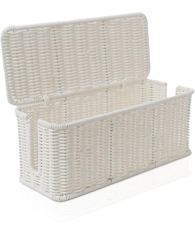 Cable Management Box, Handmade Rattan Cable Organizer with 2 Open Slots, Cord Hider for Power Strip, Router & USB Hub, Registered U.S. Design Patent (D1,112,102), 13" x 5.1" x 5.1", White