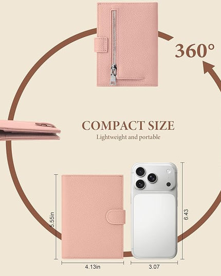 Genuine Leather Passport Holder for Women Men, Hidden Airtag Pocket, RFID Blocking, Zippered Coins Pocket & Cash Compartment Travel Gifts Essentials Passport Cover Case - Pink