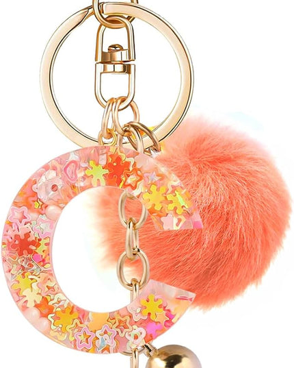 Resin Alphabet Initial Letter Keychain Keyring for Women Purse Handbags With Fur Ball Pom