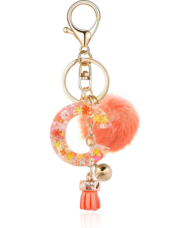 Resin Alphabet Initial Letter Keychain Keyring for Women Purse Handbags With Fur Ball Pom