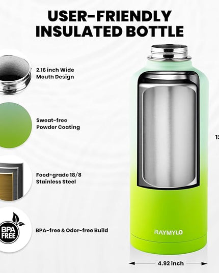 Insulated Water Bottle 87 oz, Triple Wall Vacuum Stainless Steel (Cold for 48 Hrs), Leak Proof & Non-BPA, Modern Water Flask Jug with Paracord Handle & Straw Spout Lids, Ombre Green