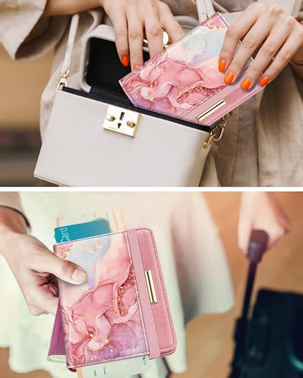 Passport Holder Cover Travel RFID Blocking Passport Cover Rose Gold Cute Flowers Passport Wallet with Elastic Band for Women