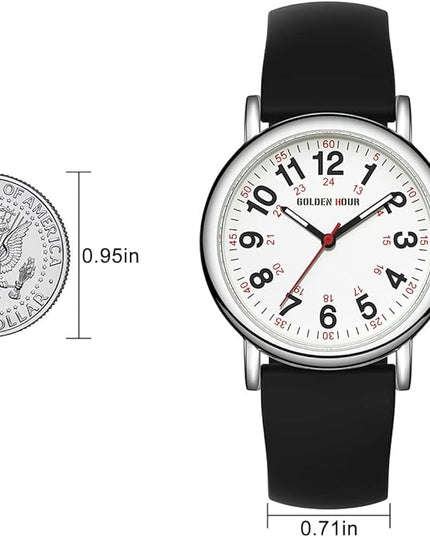 GOLDEN HOUR Waterproof Nurse Watch for Medical Professionals, Students Women Men - Military Time Luminouse Easy Read Dial, 24 Hour with Second Hand, Colorful Silicone Band