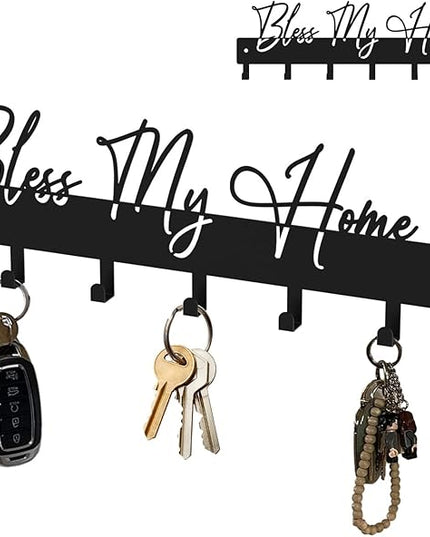 ShowMtheM Exquisite Fashion Phrase Key Holder Wall Mount,Bless My Home Key Kooks for Wall Decoration,Black Metal Key Hanger with 7 Kooks for Entryway,Office,Living Room Decor