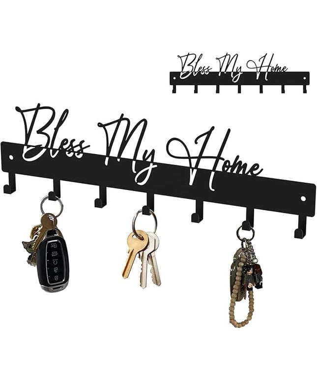 ShowMtheM Exquisite Fashion Phrase Key Holder Wall Mount,Bless My Home Key Kooks for Wall Decoration,Black Metal Key Hanger with 7 Kooks for Entryway,Office,Living Room Decor