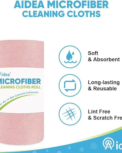 AIDEA Microfiber Cleaning Cloth Roll, 50PK, Tear Away Reusable Paper Towels Pink, Commercial Shop Rags, Microfiber Towels for Cars, Lint Free Cleaning Rags for House, Kitchen, Garage Shop, 11.5"×11.5"