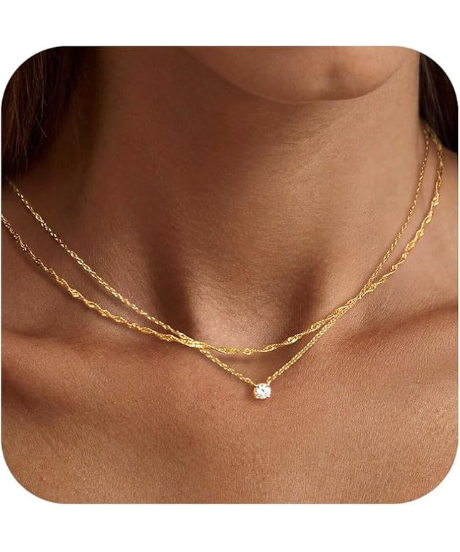 Tewiky Dainty 14k Gold Plated/Silver Cubic Zirconia Necklaces for Women, Simple CZ Jewelry Necklaces Trendy Gifts