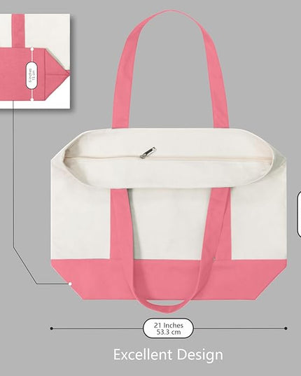 TOPDesign 6-Pack Canvas Tote Bags with an External Pocket, Reusable Grocery Shopping Bags, Top Zipper Closure, Daily Essentials (Rose Pink/Natural)