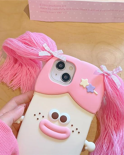 Case Compatible with iPhone 15,Cute 3D Kawaii Funny Braided Sausage Mouth Girl Pink Cartoon Cover with Keychain Soft Silicone Gel Drop Protector Women Girls