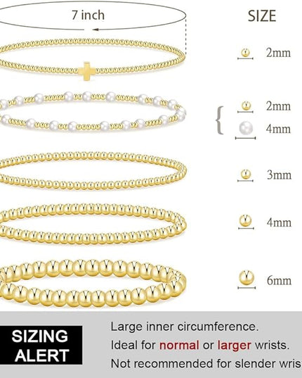 Gold Beaded Bracelets for Women, 14K Real Gold Plated Jewelry for Women Dainty Pearl Bead Bracelets Stack, Non Tarnish Trendy Stackable Ball Cross Stretch Bracelet Set Fashion Accessories Gifts
