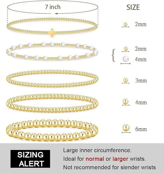 Gold Beaded Bracelets for Women, 14K Real Gold Plated Jewelry for Women Dainty Pearl Bead Bracelets Stack, Non Tarnish Trendy Stackable Ball Cross Stretch Bracelet Set Fashion Accessories Gifts