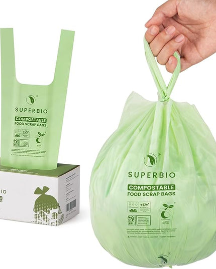 SUPERBIO 1.6 Gallon Handle Tie Compostable Food Scrap Bags For Counter Top Compost Bin, Small Compost Bags, 50 Count, 6 Liter, BPI & OK compost INDUSTRIAL Certified
