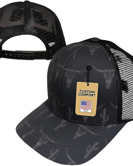 Western Trucker Charcoal Bull Cactus Baseball Cap Outdoor Punchy Mesh Snap Back with Adjustable Fit for Country Wear