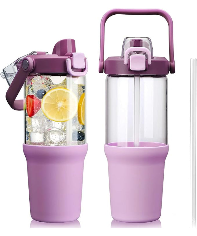 Glass Tumbler with Carry Handle, Clear Glass Water Bottle with Leakproof Lid, Spout Lid&Straw, BPA-Free, 32 oz, Lilac