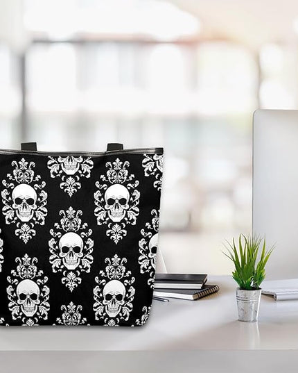 Pardick Canvas Tote Bags, Gothic Skull Tote Bag Eco Friendly Reusable Grocery Shopping Bagsfor Beach, Books, Women with Zipper Inner Pocket