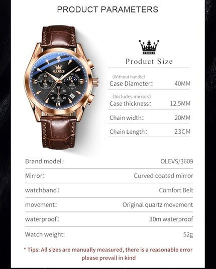 OLEVS Men's Watches Leather Strap Analog Quartz Watch, Fashion Big Dial Date Waterproof Watch, Dress Luxury Luminous Men Watches