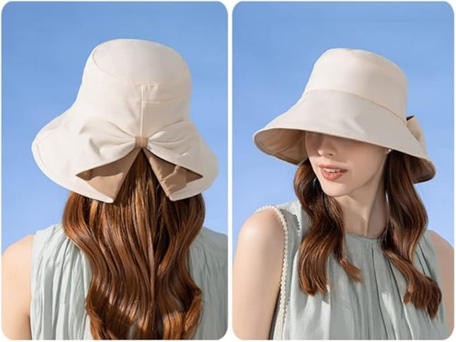 Womens Wide Brim Sun Hats UPF50+ UV Packable Beach Hat Summer Bow Decoration Bucket Cap for Travel