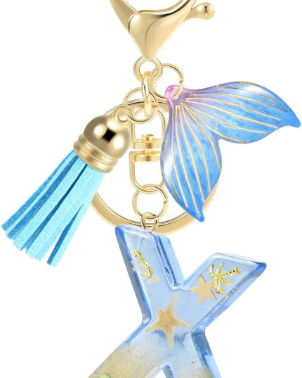 Initial letter Keychains for Women, Ocean Series Avowing Protect Earth Environment, Tassel Cute Car Keychain Initial Key Chain Keyring for Bookbag Handbag Backpack Charm Key Ring Unisex (Letter X)