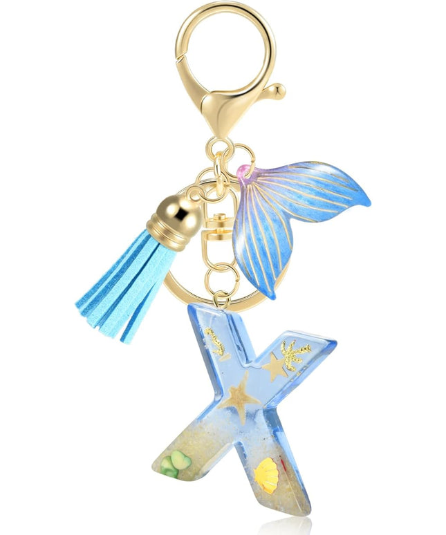 Initial letter Keychains for Women, Ocean Series Avowing Protect Earth Environment, Tassel Cute Car Keychain Initial Key Chain Keyring for Bookbag Handbag Backpack Charm Key Ring Unisex (Letter X)
