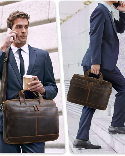 Jack&Chris Full Grain Leather Briefcase for Men, Business Messenger Bag Laptop Bag Attache Case, Fits 15.6 Inch Laptop