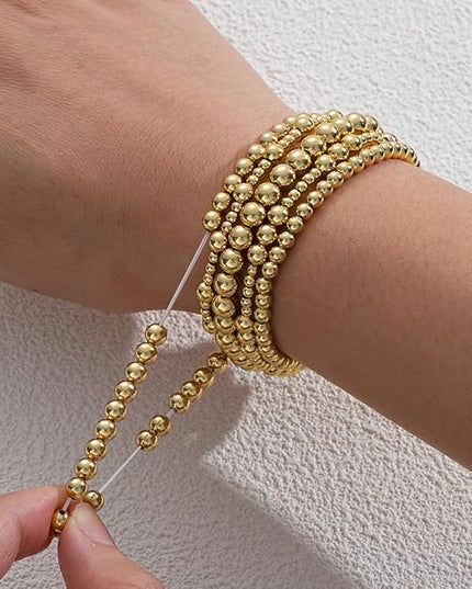 Gold Beaded Bracelets for Women, 14K Real Gold Plated Jewelry for Women Dainty Pearl Bead Bracelets Stack, Non Tarnish Trendy Stackable Ball Cross Stretch Bracelet Set Fashion Accessories Gifts
