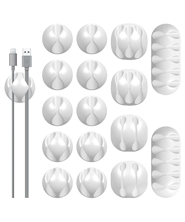 16Pack White Desk Cable Management,Adjustable Cord Organizer Cable Clips,Cable Organizer for Cords Phone Charger/PC/TV,Ideal Cord Holder for Nightstand/Wall/Desk/Office/Home/Car