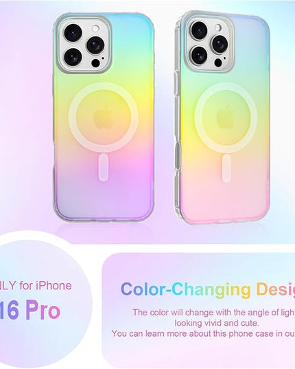 Cute Case for iPhone 16 Pro Case for Women Girls [Compatible with Magsafe] Aesthetic Girly Glitter Bling Rainbow Magnetic Protective Phone Cover, Translucent Iridescent Blue & Pink