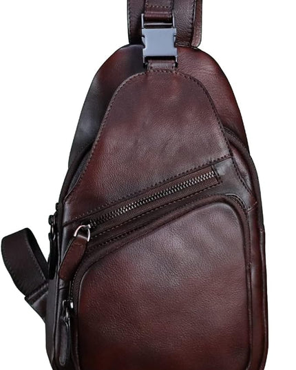Genuine Leather Sling Bag Crossbody Purse Handmade Hiking Daypack Motorcycle Bag Retro Shoulder Backpack Vintage Chest Bag (Coffee)