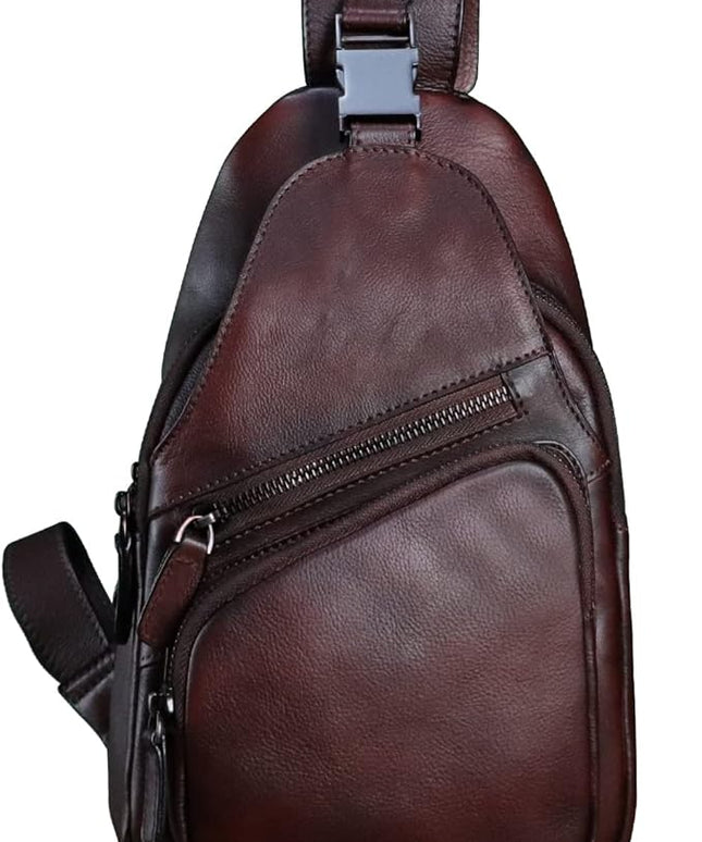 Genuine Leather Sling Bag Crossbody Purse Handmade Hiking Daypack Motorcycle Bag Retro Shoulder Backpack Vintage Chest Bag (Coffee)