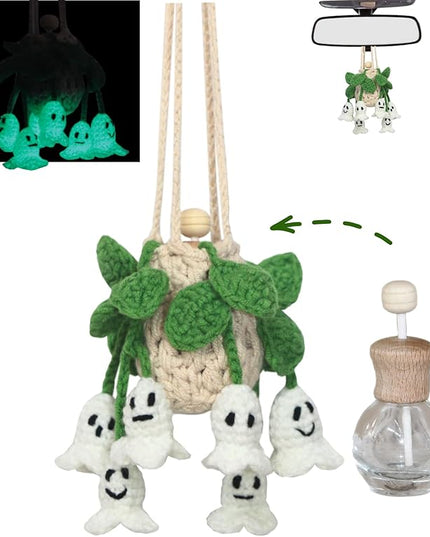 Handmade Crochet Hanging Car Air Freshener - Glow-in-the-Dark Lily of the Valley Plant with 12ml Refillable Essential Oil Diffuser Bottle, Halloween Car Accessories & Bedroom Nightlight Decor