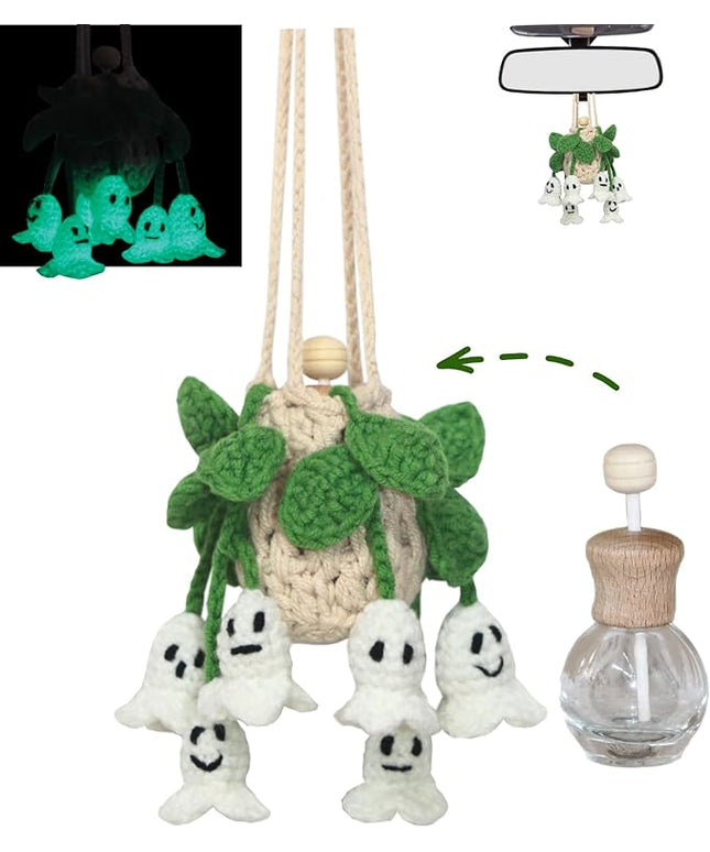 Handmade Crochet Hanging Car Air Freshener - Glow-in-the-Dark Lily of the Valley Plant with 12ml Refillable Essential Oil Diffuser Bottle, Halloween Car Accessories & Bedroom Nightlight Decor