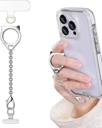 Metal Cat Head Phone Finger Grip Ring Chain Lanyard Keychain Holder Heavy Duty 5KG Capacity Anti-Loss Strap Anti Theft for All Phones Keys Earbuds USB Drives with Stainless Steel Clip Tether Silver