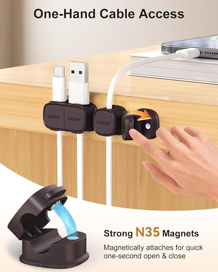 6 Pack Magnetic Cable Clips [1s Open/Lock], Laitver Cord Organizer Holder Strong Adhesive Desk Cable Management- Organize Charging Cords Neatly for Home, Office, Car,Desk, Nightstand-Bronze