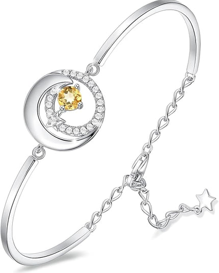 FANCIME Birthstone Bracelets 925 Sterling Silver Moon and Star Bangle Charm Bracelet Fine Jewelry Birthday Anniversary Christmas Day Gift for Her Women, Adjustable Chain 6.7"+1.2" Extend