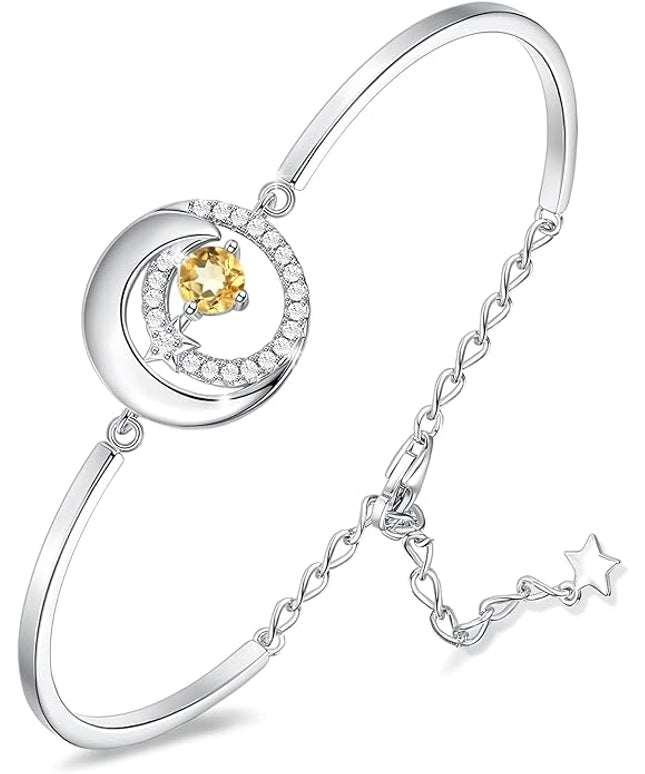 FANCIME Birthstone Bracelets 925 Sterling Silver Moon and Star Bangle Charm Bracelet Fine Jewelry Birthday Anniversary Christmas Day Gift for Her Women, Adjustable Chain 6.7"+1.2" Extend