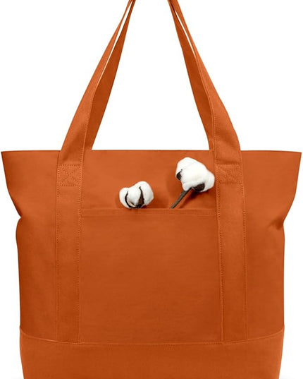 TOPDesign 1-Pack Canvas Tote Bags with an External Pocket, Reusable Grocery Shopping Bags, Top Zipper Closure, Daily Essentials (Orange)