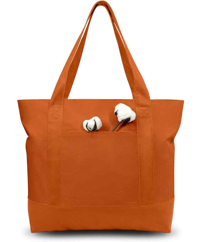 TOPDesign 1-Pack Canvas Tote Bags with an External Pocket, Reusable Grocery Shopping Bags, Top Zipper Closure, Daily Essentials (Orange)