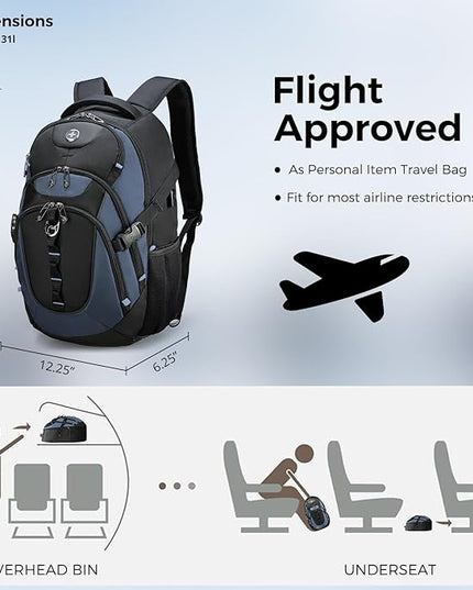 Swissdigital Design Laptop Backpack, Travel Backpack with USB Charging Port Fits 15.6 inches Computer, 31L College School Bookbag for Men,Haze Blue/Black | SD803-16