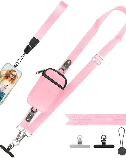 Clip and Go Strap for Phone With Wallet Crossbody (Detachable RFID Blocking Wallet) - Adjustable Phone Lanyard Crossbody with 360° Rotatable Tether Tabs for All Phones (Pink)