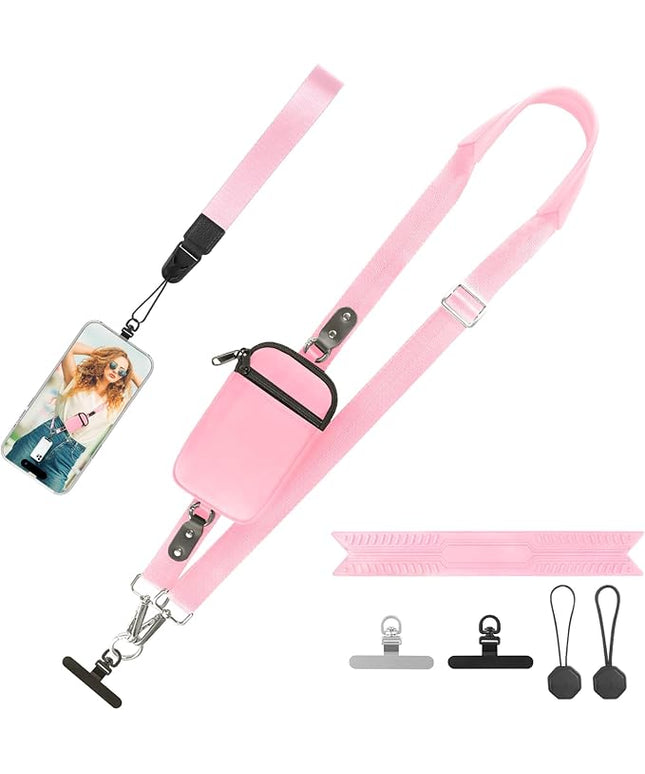 Clip and Go Strap for Phone With Wallet Crossbody (Detachable RFID Blocking Wallet) - Adjustable Phone Lanyard Crossbody with 360° Rotatable Tether Tabs for All Phones (Pink)